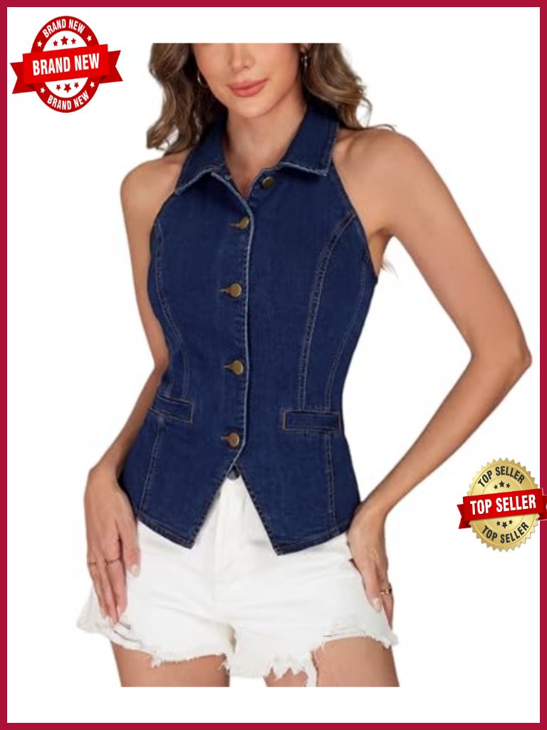Women Denim Halter Vest - Sleeveless Button Down Jean Blazer Top Waistcoat